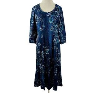 Cotton Traders Women's Dress Blue Textured Floral Belt Long Sleeves Midi Size 10